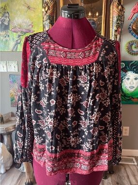 Knox Rose Black Blouse with Red Floral Trim